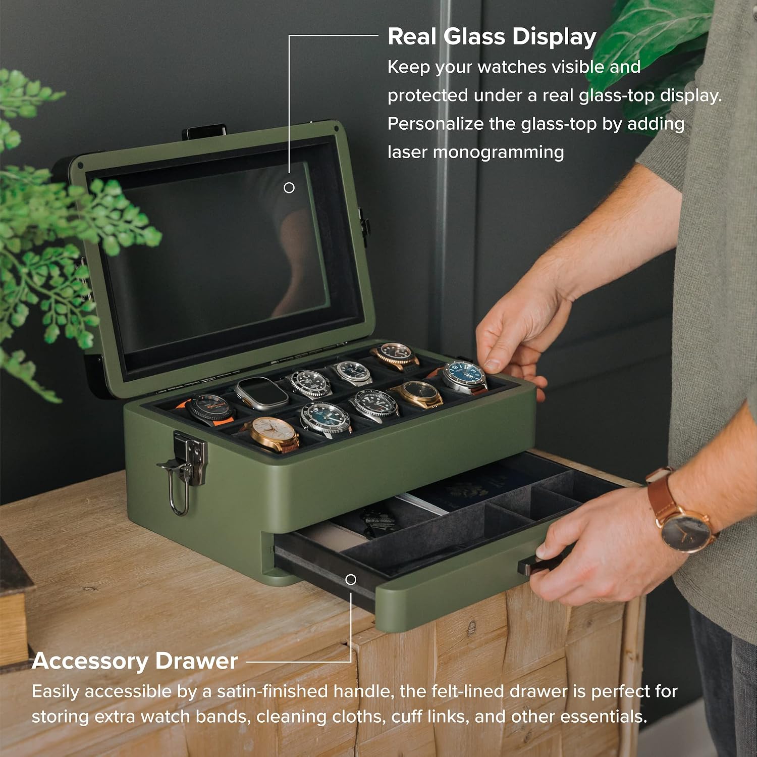 CASE ELEGANCE Military 10 Slot Watch Box Case Organizer for Men, Real Glass Top, Modular Valet Tray, Apple Watch Compatible with Apple Watch Stand, Accessory Drawer, Watch Pillow Stands