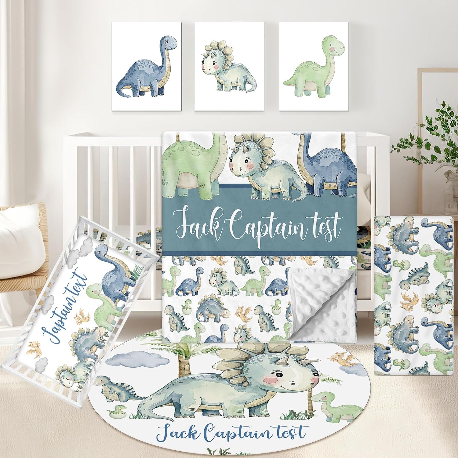 KAINSY Custom Crib Bedding Set 5 Piece for Baby Boys – Personalized Green Dinosaur Theme, Newborn Sleep Set, Nursery Decor, Toddler Room Essentials, Infant Sleep, Baby Room Accessories, Baby Gift