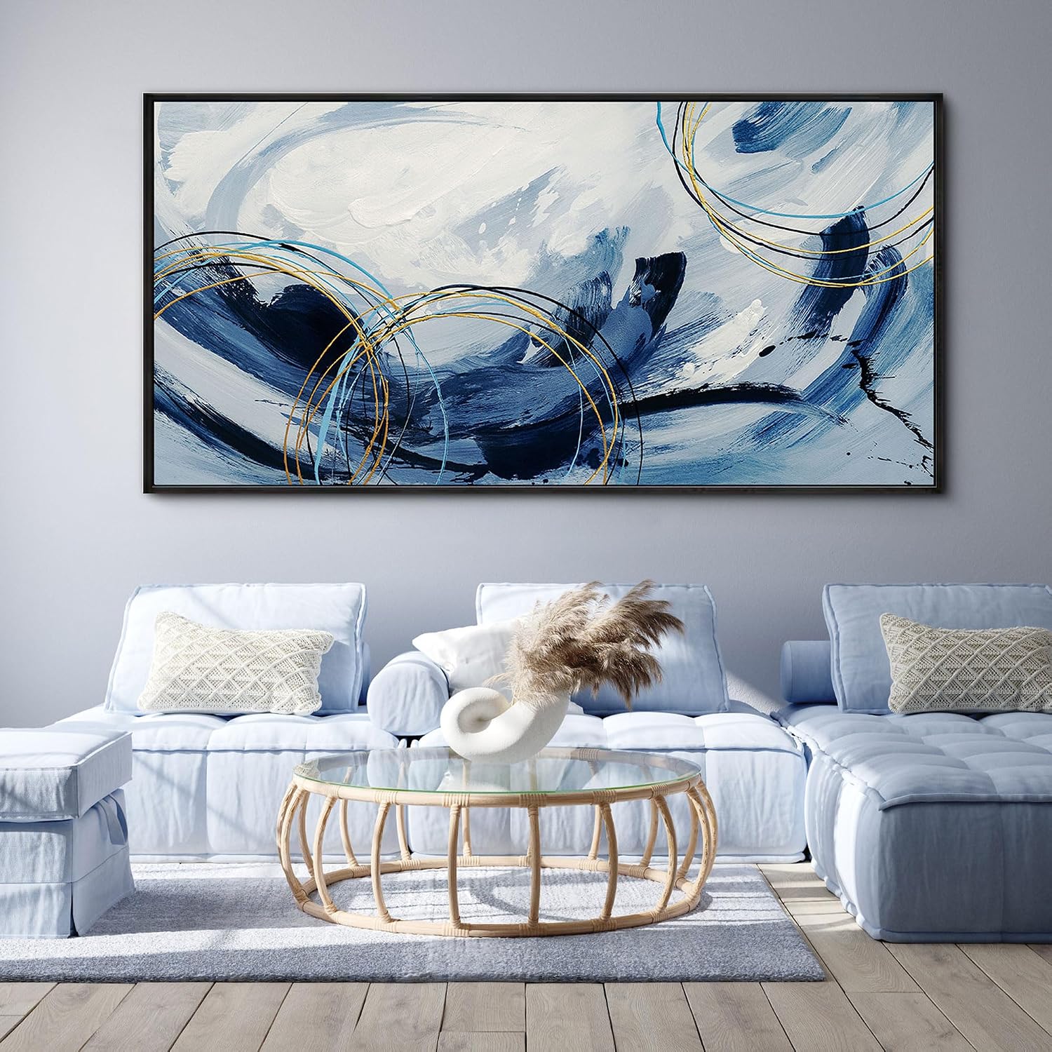 yiijeah Large Wall Art - Abstract Canvas Painting for Living Room Decor Modern Art Work for Wall Giant Gray Paint Office Bedroom Blue and White Home Decor