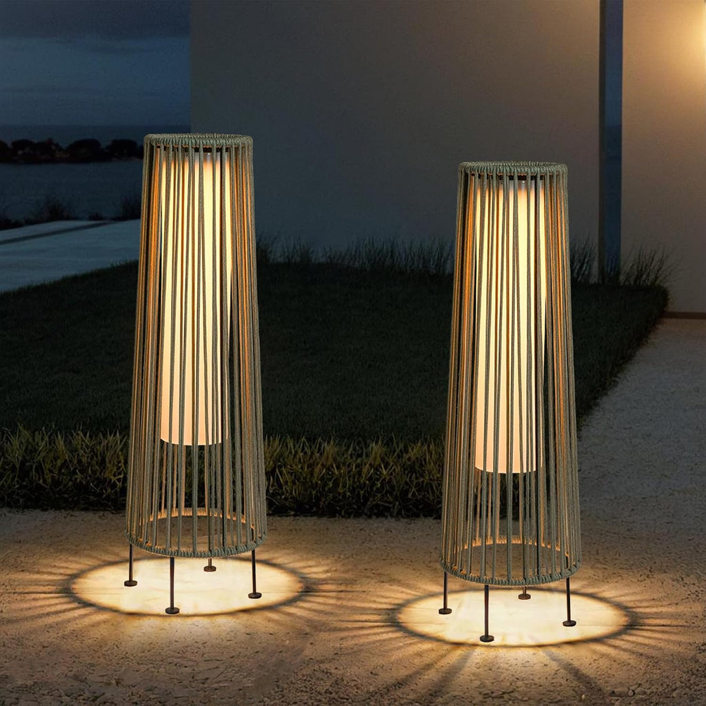 TRIROCKS Outdoor Floor Lamp 2 Piece Solar Powered Lantern Wicker Solar Patio Lamp with Olifen Rope Waterproof Rattan Outside Solar Deck Light for Patio Garden Lawn Yard (Grey)