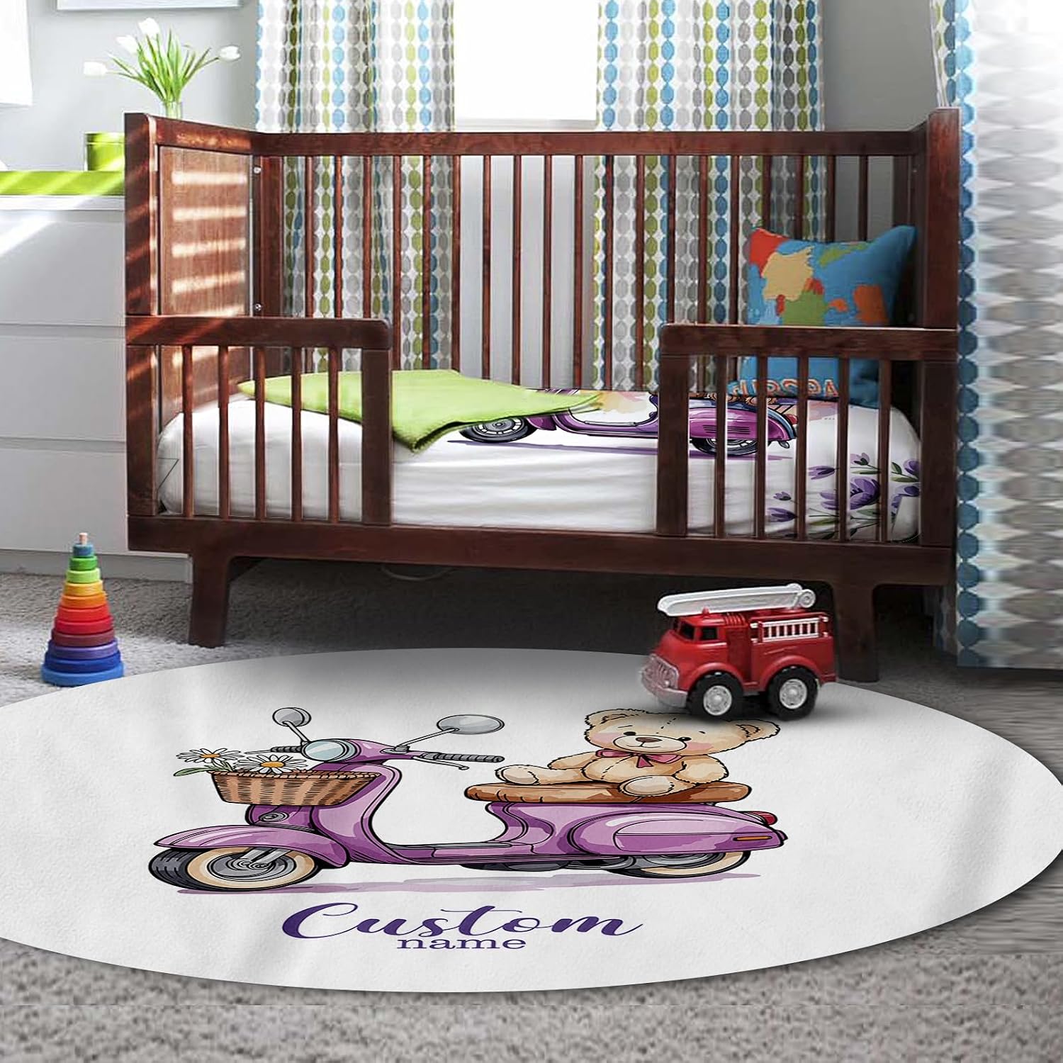 Personalized Crib Bedding Set for Girls, Custom Name Baby Crib Sets 5-Pcs Include Toddler Double Layer Blanket Fitted Sheet Changing Pad Cover Rug Wall Art Set, Electric Bicycles Pattern Nursery Décor