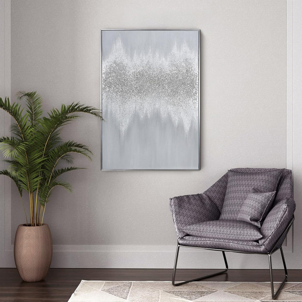 Silver Abstract Wall Art Decor - Grey Hand-Painting Embellished with Sand Grain and Glitter in Metallic Hues, Brilliant Modern Abstract Canvas for Living room, Bedroom Decor, 28' x 40', Framed