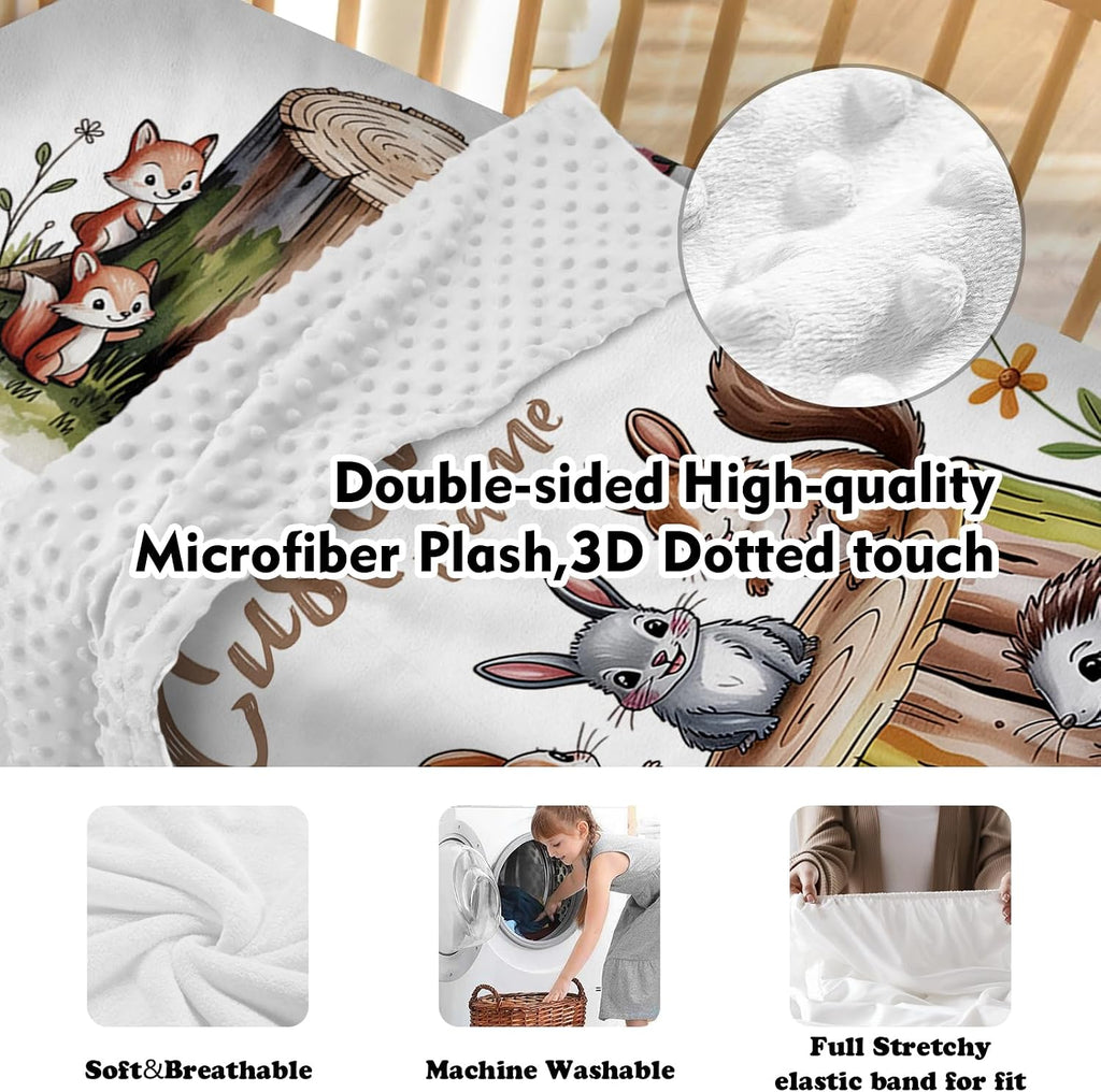 Personalized Crib Bedding Set for Baby Boys Girls, Custom Name Baby Crib Sets 5-Pcs - Toddler Double Layer Blanket Fitted Sheet Changing Pad Cover Rug Wall Art Set, Squirrel Stump Theme Nursery Décor