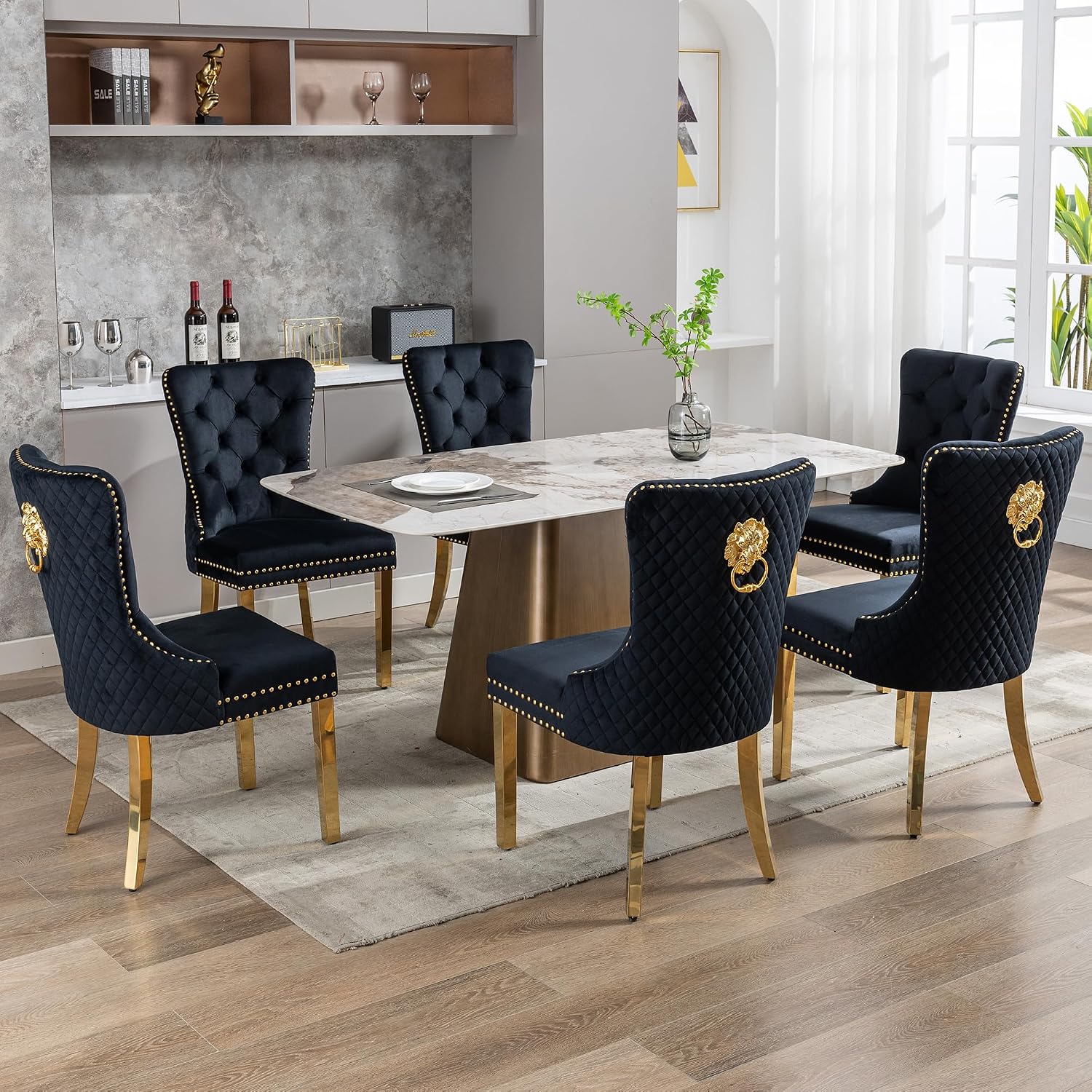 Velvet Dining Chairs Set of 6, Upholstered Dining Room Chairs, Mid-Century Modern Chairs with Diamond Lattice Tufted Back, Lion Pull Ring Rivet Trim, Golden Metal Legs for Kitchen, Black