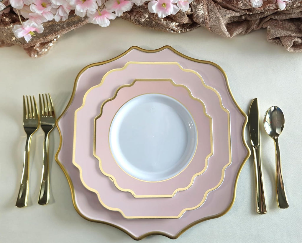 ' OCCASIONS ' 960 Piece set (120 Guests)-Heavyweight Wedding Party Disposable Plastic Plate Set - 120 x 10.5'' + 120 x 8'' + Silverware + Cups + Napkins (Imperial in Blush Pink & Gold)