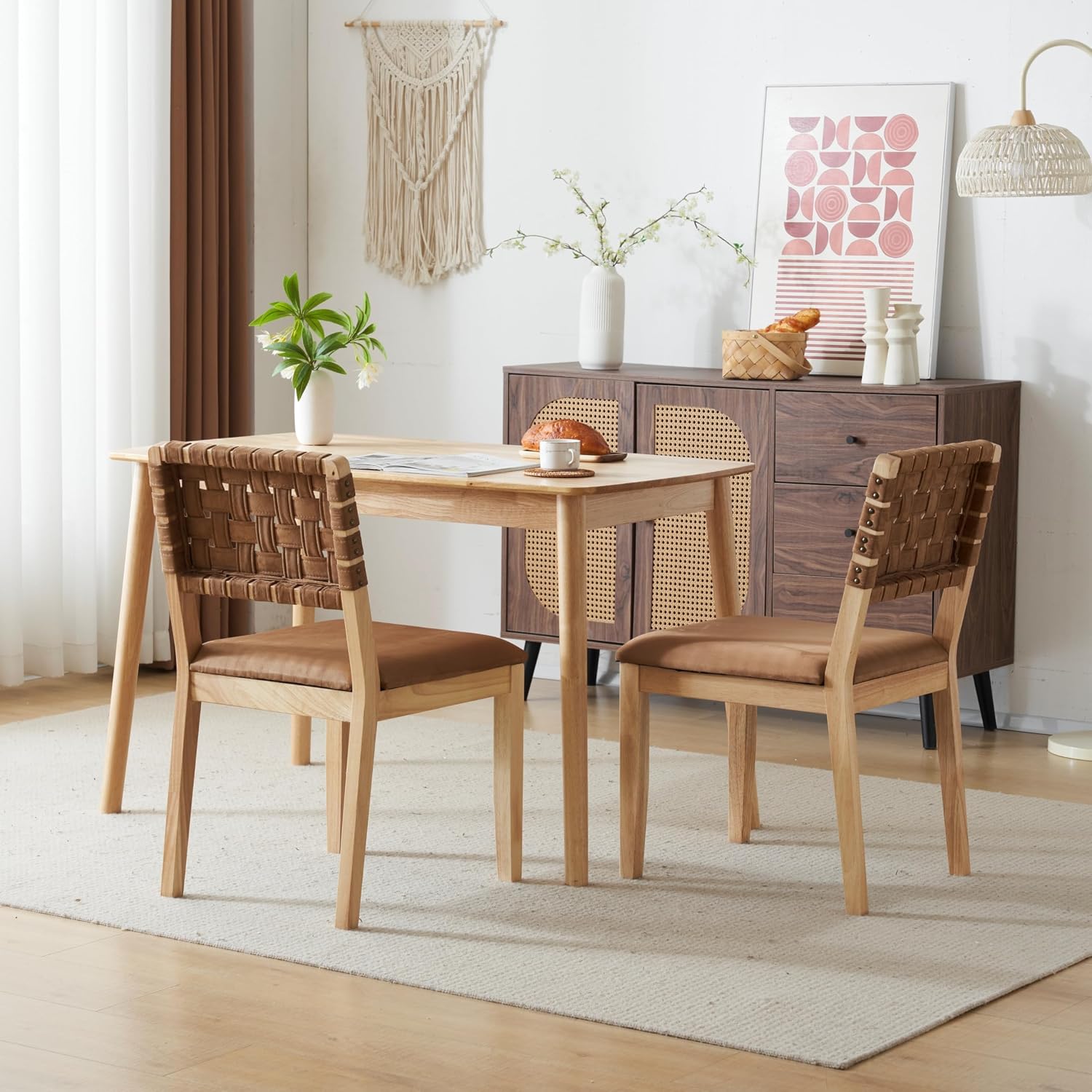 VINGLI Brown Woven Wooden Dining Chairs Set of 2,Armless Mid Century Modern Desk Chairs with Rivet&Foot Pegs,Upholstered Farmhouse Comfy Chair No Wheels for Dining Room,Living Room,Kitchen,Oak,Suede