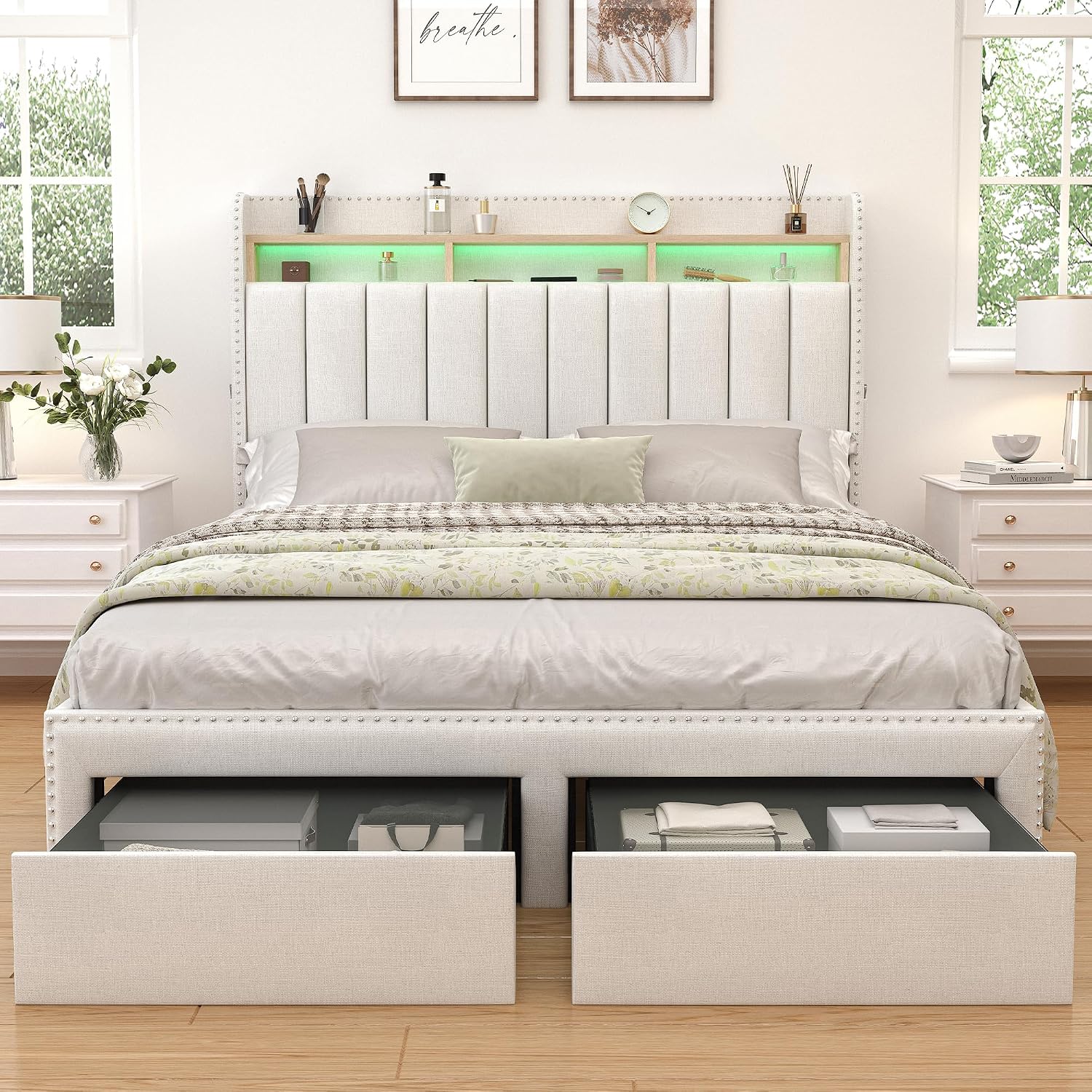 SIBEDS Full LED Bed Frame with 2 Drawers, Upholstered Platform Bed with 2 Tier Storage Wingback Headboard, Linen Channel Tufted Bedframe with Rivet Decor, No Box Spring Needed, Natural