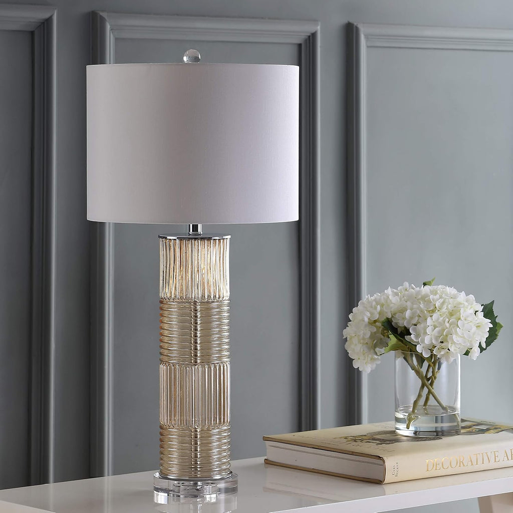 JONATHAN Y 30' Champagne Glass and Crystal Table Lamp, Contemporary Transitional Pillar Lamp for Living Room Bedroom, White Faux Silk Drum Shade, LED Bulb Included JYL2064A