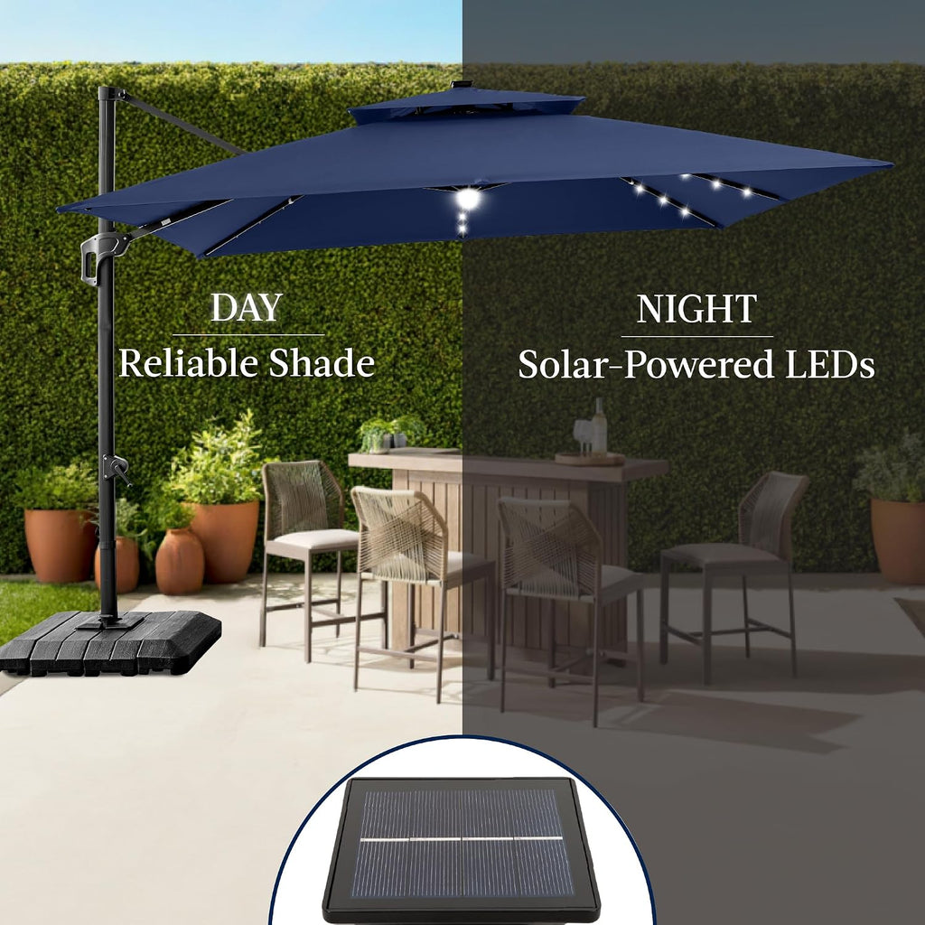 Best Choice Products 12x12ft LED Cantilever Patio Umbrella w/Base Included & 360° Rotation, Large Solar Offset Hanging Outdoor Sun Shade for Deck, Backyard Table w/Stand & Lights – Navy Blue