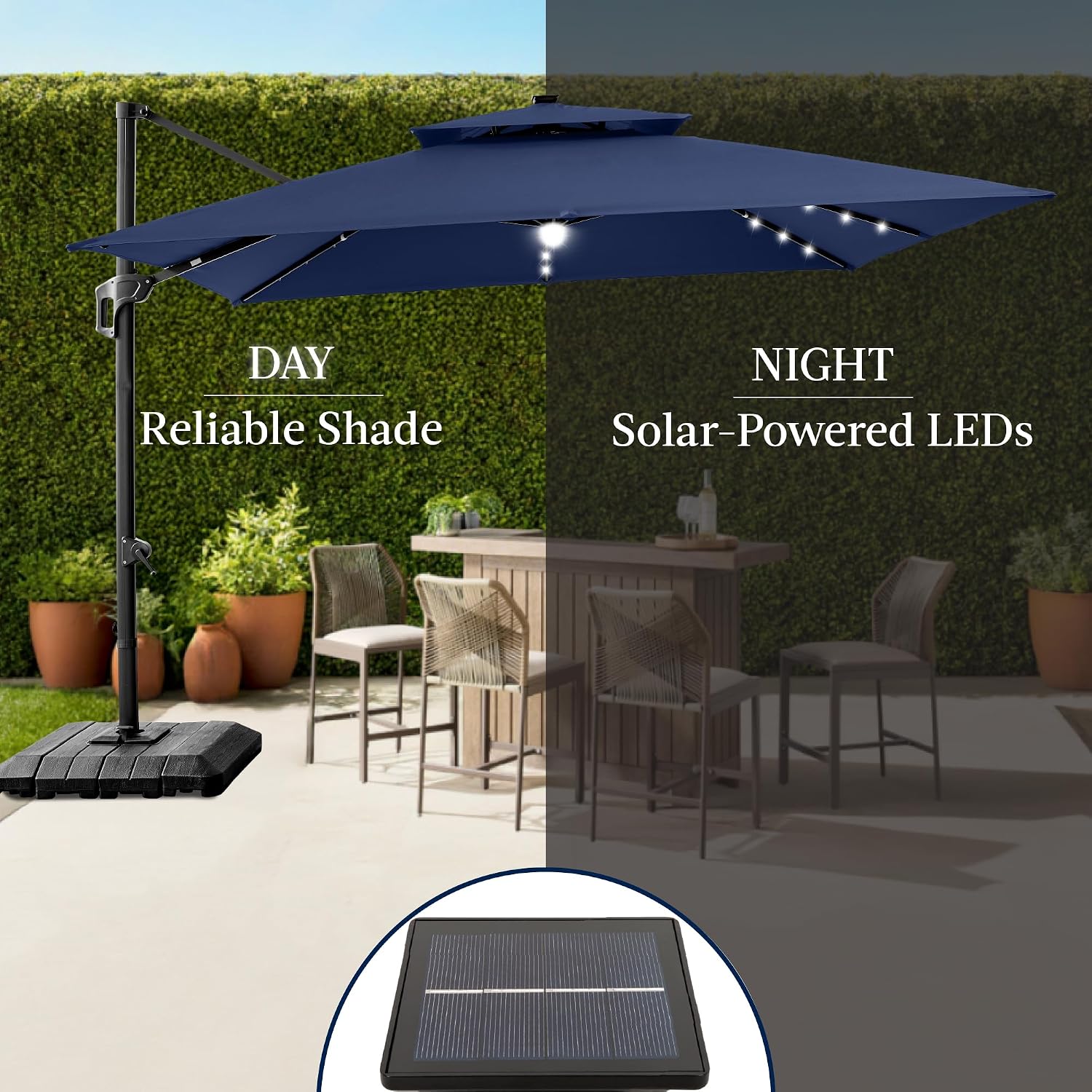 Best Choice Products 12x12ft LED Cantilever Patio Umbrella w/Base Included & 360° Rotation, Large Solar Offset Hanging Outdoor Sun Shade for Deck, Backyard Table w/Stand & Lights – Navy Blue