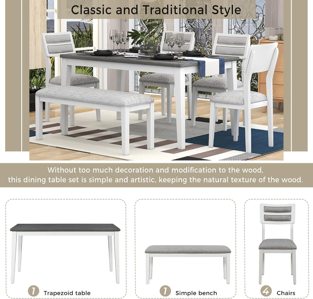 Rustic Farmhouse 6-Piece Kitchen Dining Table Set, Solid Wood Dining Room Set of 6, Classic 60'' Rectangular Table with 4 Upholstered Padded Chairs and Bench (White-3)