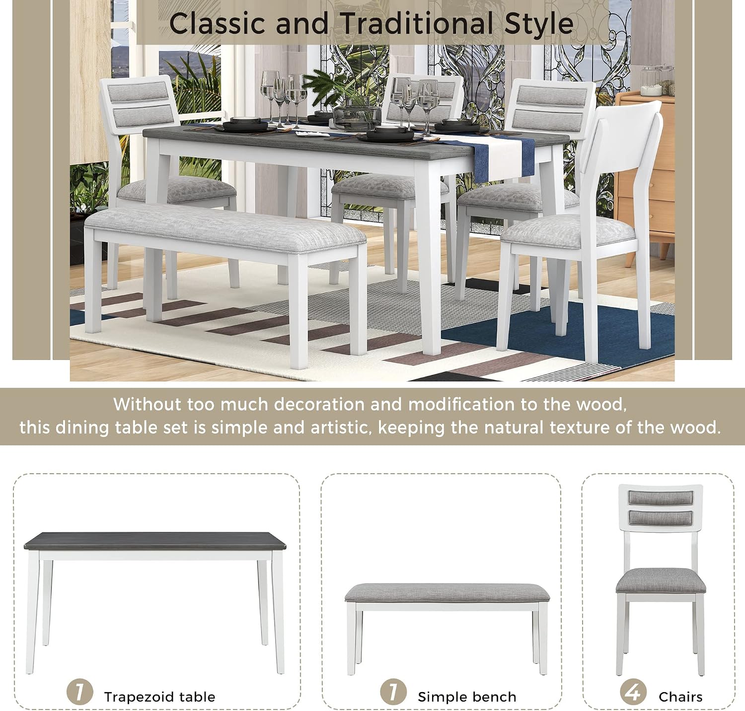 Rustic Farmhouse 6-Piece Kitchen Dining Table Set, Solid Wood Dining Room Set of 6, Classic 60'' Rectangular Table with 4 Upholstered Padded Chairs and Bench (White-3)
