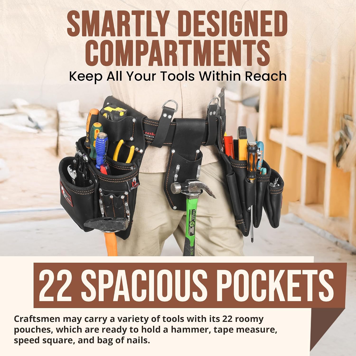 Daisy Leather PRO DL-101 Oil tanned Premium 25 pockets Heavy duty Tool Belt, Carpenter belt Pouch for Construction, Carpenter, Craftsman and Electricians workers, Black, X-Large
