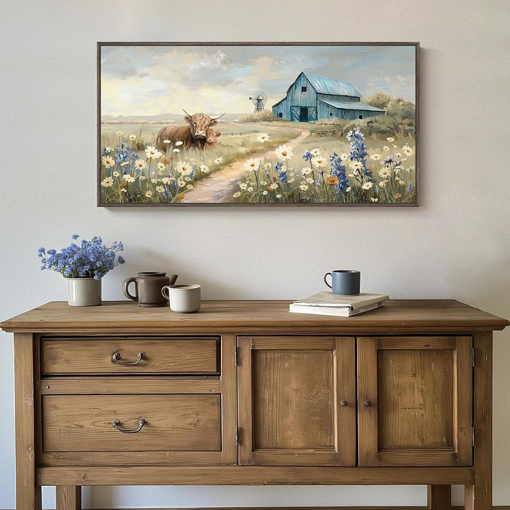 Extra Large Framed Farmhouse Style Wall Art - Vintage Rustic Canvas Art Print - Wildflower Highland Cow, Windmill & Teal Barn - Country Farm Painting for Living Room 30x60 Inch