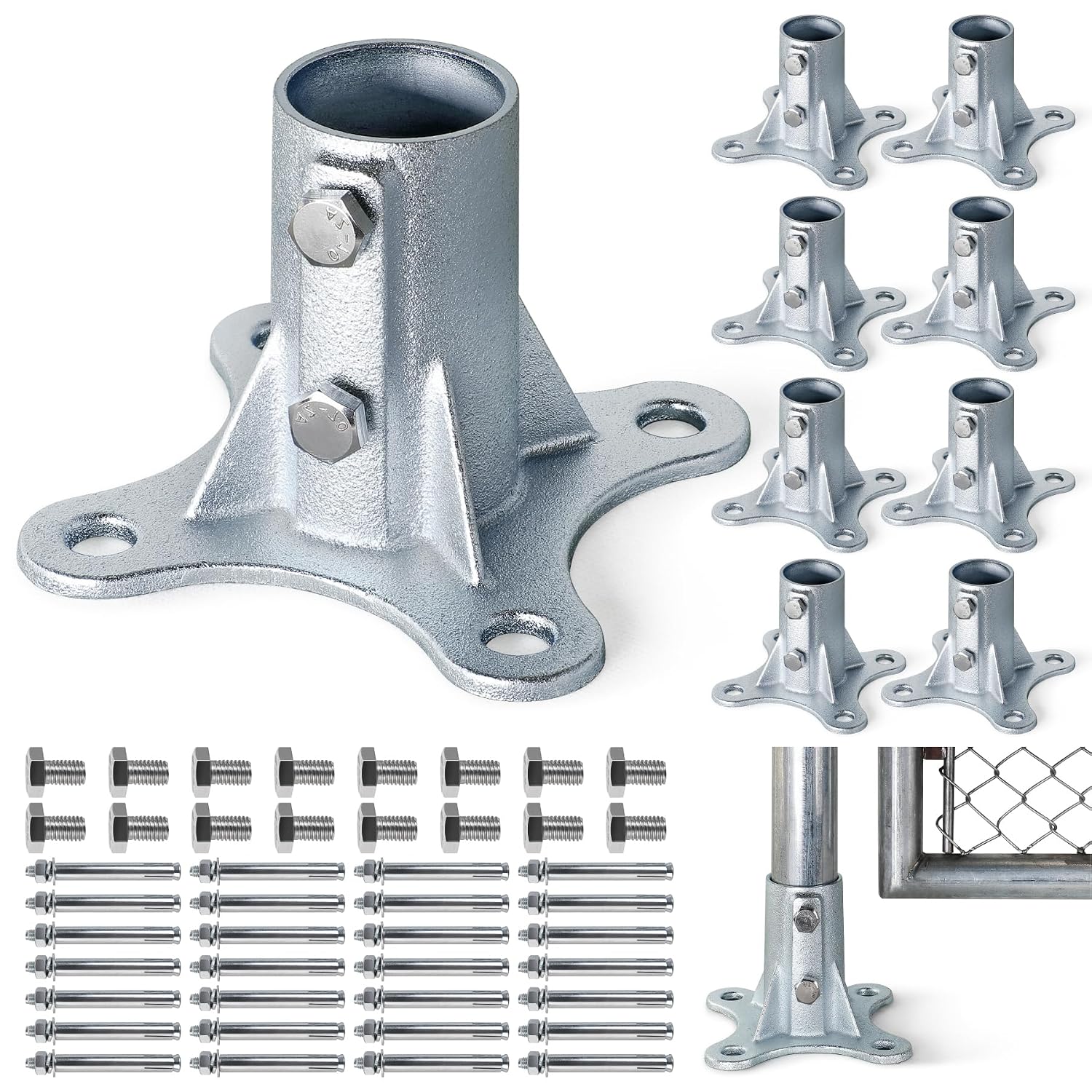 Aecxm 2' (1-7/8' Post OD) Chain Link Fence Post Floor Flange Galvanized Anchor Base for Fence Posts, Mailboxes, Lamp Posts & Commercial Applications 8Pack