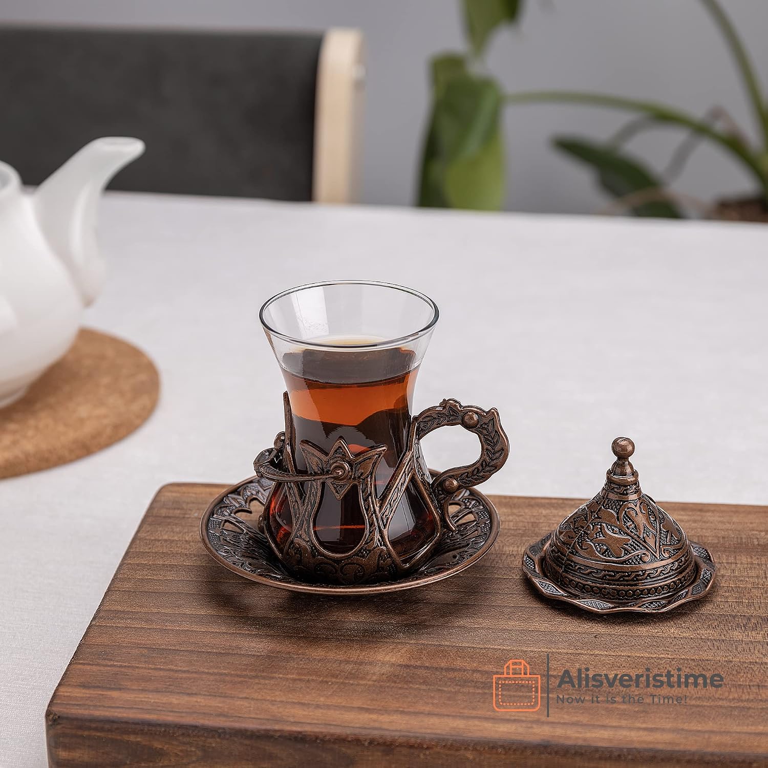 Alisveristime Handmade Turkish Tea Water Zamzam Serving Set Glasses Saucer, Tray and Spoon (Copper)