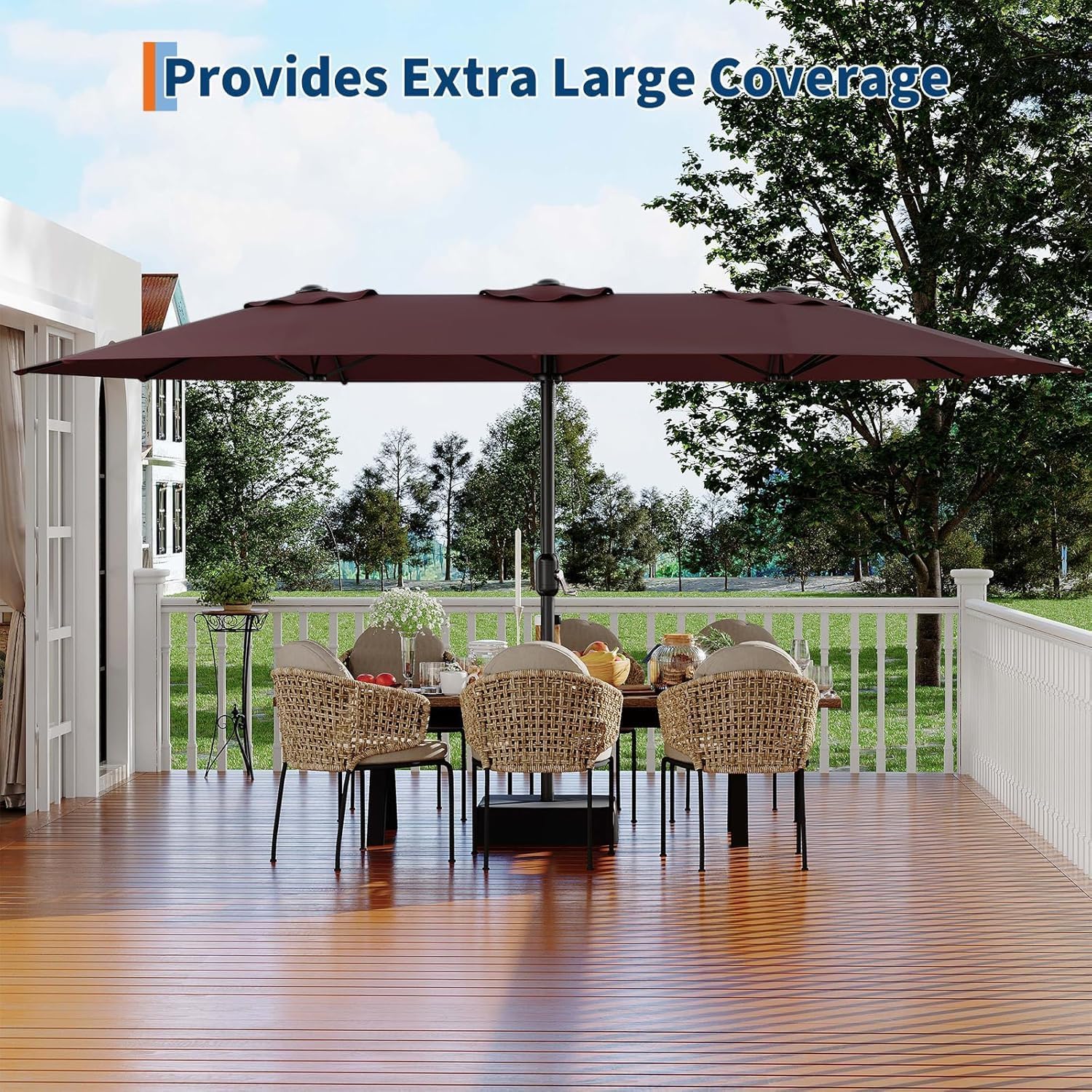Garvee 15FT Rectangular Outdoor Umbrella Patio Umbrella with Base Included Large Market Umbrellas with Crank Handle UV Protection Table Umbrellas for Outdoor, Backyard, Deck, Poolside, Burgundy