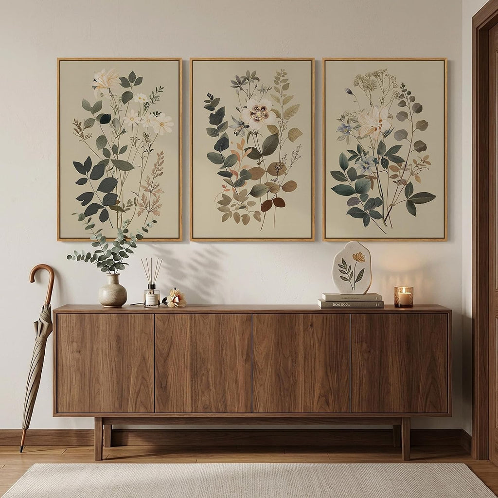Framed Vintage Botanical Wall Art for Living Room, 3 Piece Neutral Floral Canvas Artwork for Modern Farmhouse Walls, Rustic Green Flower Painting Prints for Bedroom Office Kitchen Wall Decor, 20x30