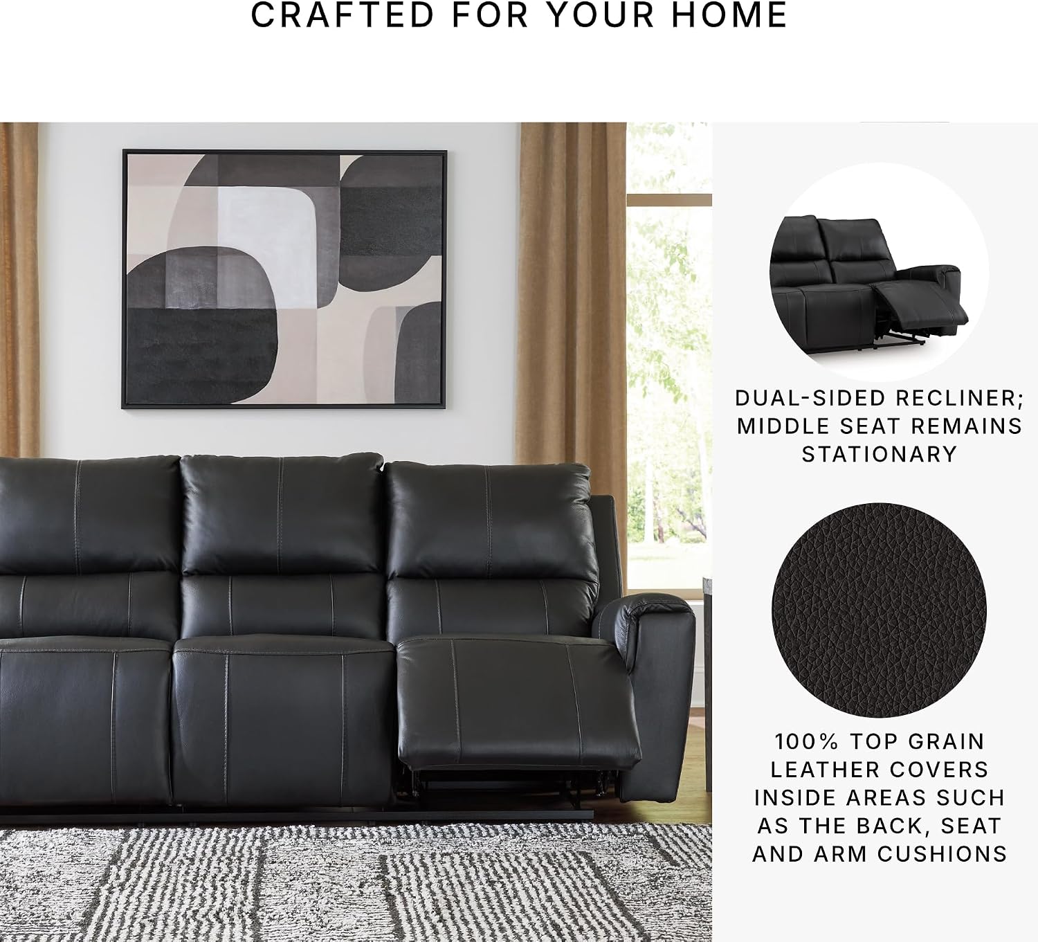 Signature Design by Ashley Glassmere Contemporary Dual-Sided Leather Match Reclining Sofa with Position Lock, Black