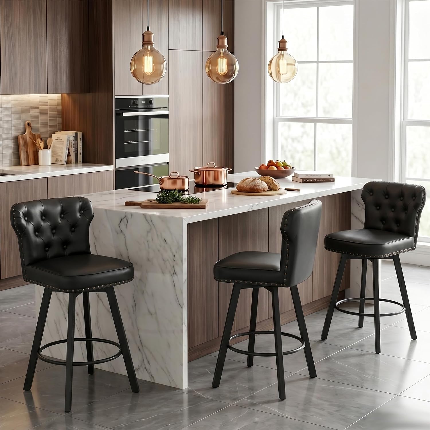 Counter Height Bar Stools Set of 3, 26' Mid-Century Swivel Bar Stool with Metal Base for Kitchen Island, Rivet Armless Faux PU Leather Barstool with High Back and Large Thick Cushion, Black