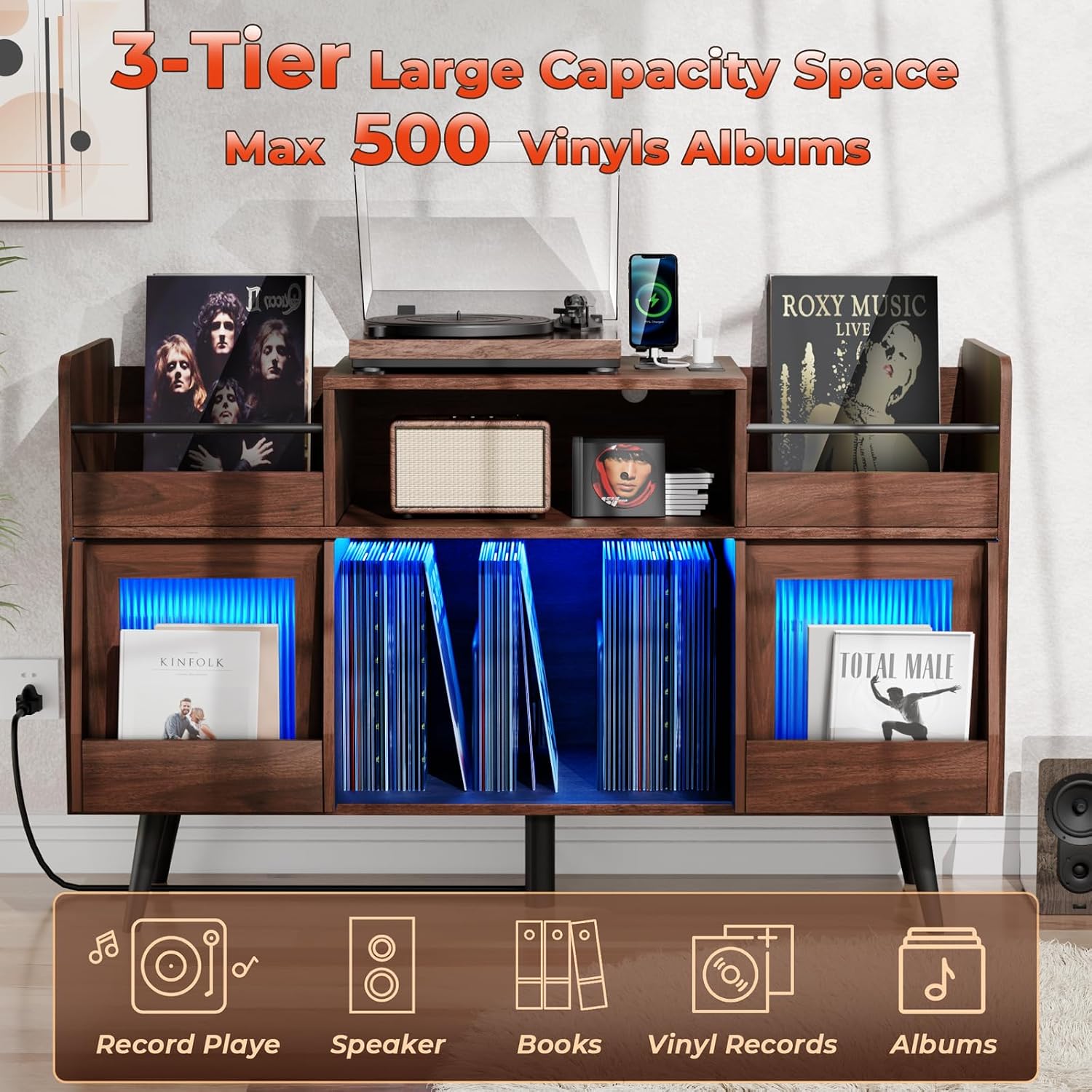 MULEJYBO XL Record Player Stand with Sliding Door,500 Vinyl Record Storage Cabinet, Record Player Table with Power Outlet & LED Light,Turntable Stand with Wood Legs for Living Room,Office