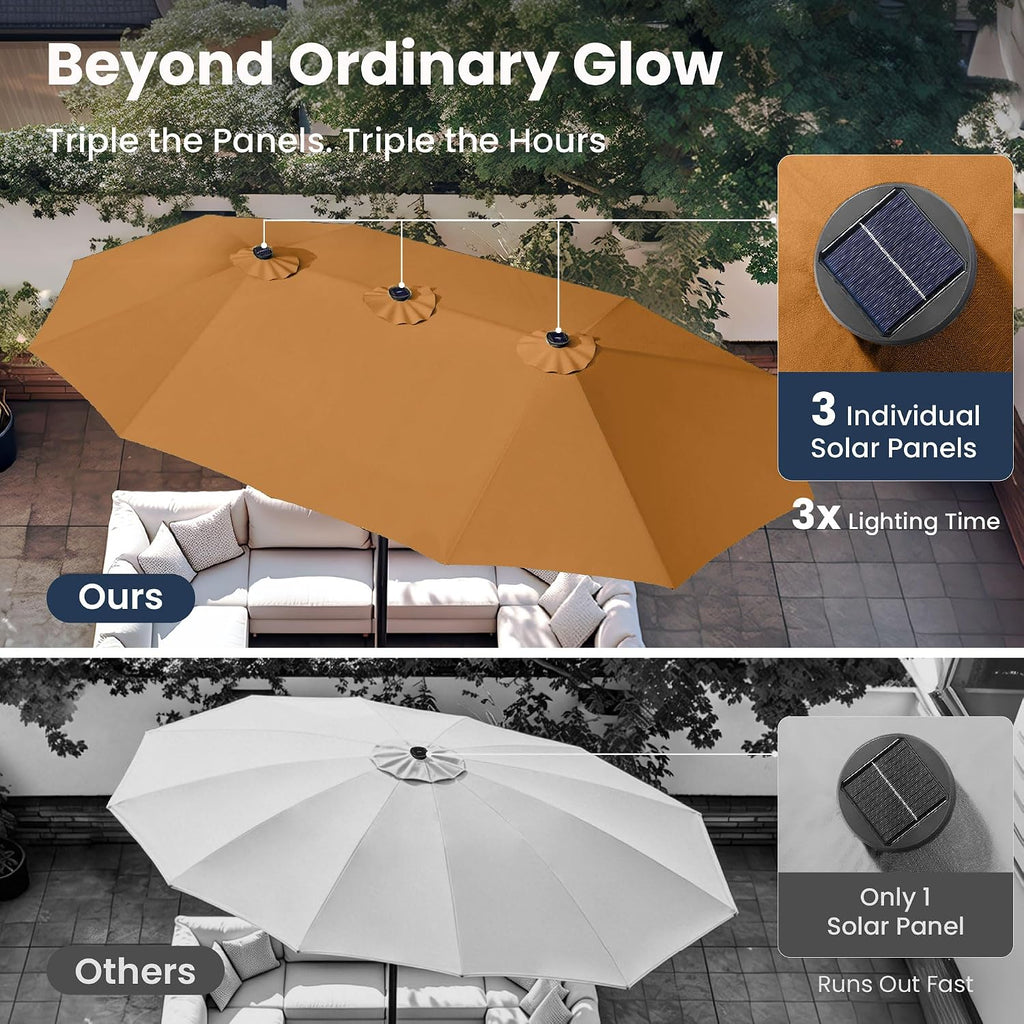 PHI VILLA 15ft Large Patio Umbrella with Solar Lights, Double-Sided Outdoor Market Rectangle Umbrellas with 36 LED Lights, Umbrella Base (Stand) Included, Tawny