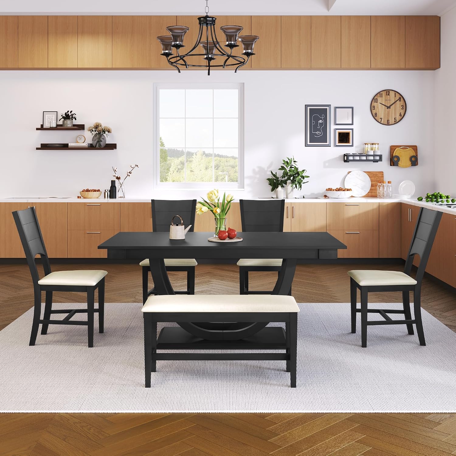 Modern Solid Wood 6-Piece Dining Table Set, Unique Design Half Round Legs Dining Table with Upholstered Dining Chairs&Bench, Kitchen Dining Room Set for 6 (Grey-Half L)
