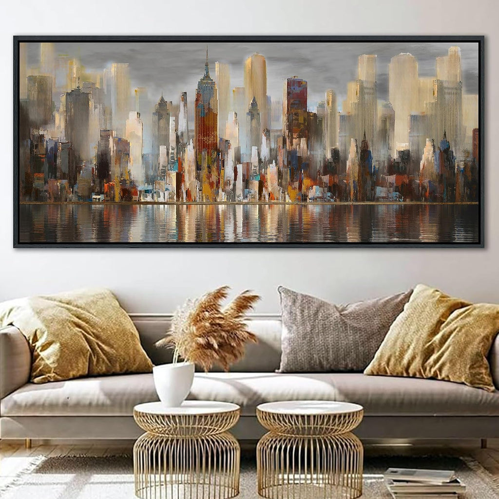 Framed Large Cityscape New York Wall Art Canvas Prints Abstract Brown City Theme Paintings Modern Canvas Wall Art for Living Room Pictures Wall Decor Bedroom Big Size 40x87