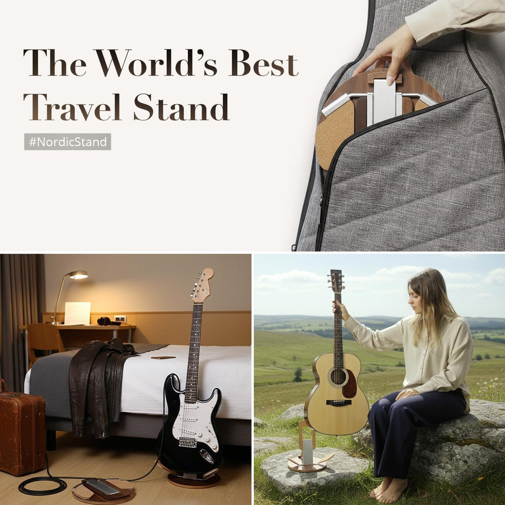 NordicStand Foldable Wooden Guitar Stand – Universal Floor Stand for Acoustic, Electric, Bass & Ukulele | Portable, Foldable & Eco-Friendly (Walnut)