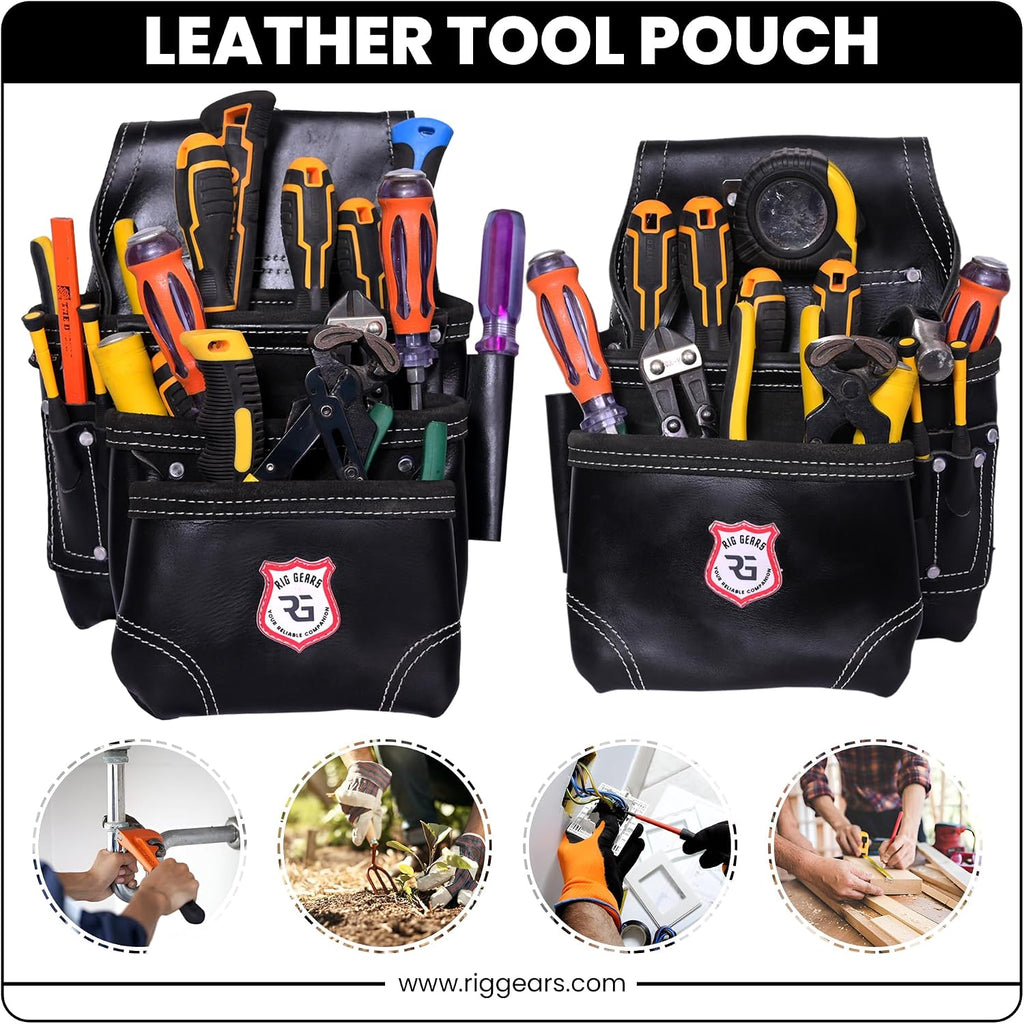 Professional 11 Pockets Leather Tool Pouch Bags/Carpenter Tool Belt Set | Heavy-duty Drywall Pouch, Electrician Pouch, And Framing Tool Belt Pouches (Black, Standard)