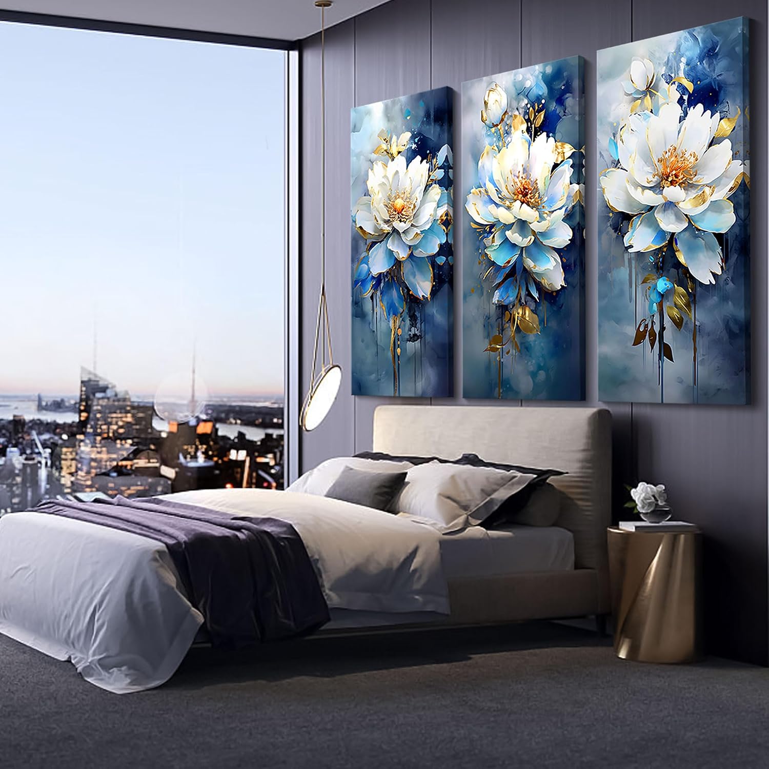 AJAZIKO Large Floral Wall Art - Modern Abstract Flower Canvas - Navy Blue 3 Piece Wall Art - Bedroom Artwork - 24x48in