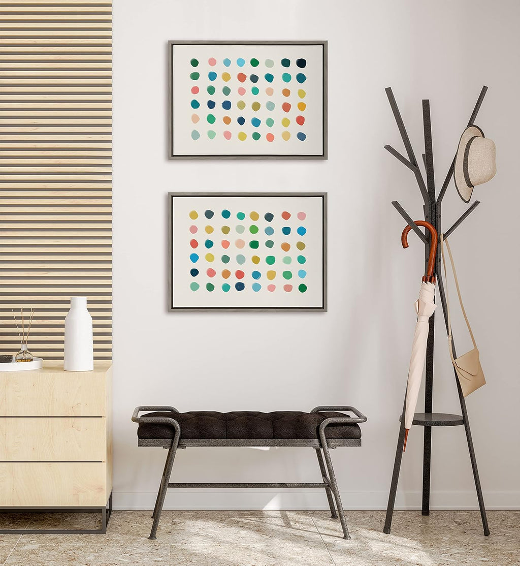 Kate and Laurel Sylvie Meditation 1 and 2 Framed Canvas Wall Art Set by Kelly Knaga; 2 Piece 18x24 Gray; Modern Abstract Colorful Polka Dot Art Set for Wall Home Decor