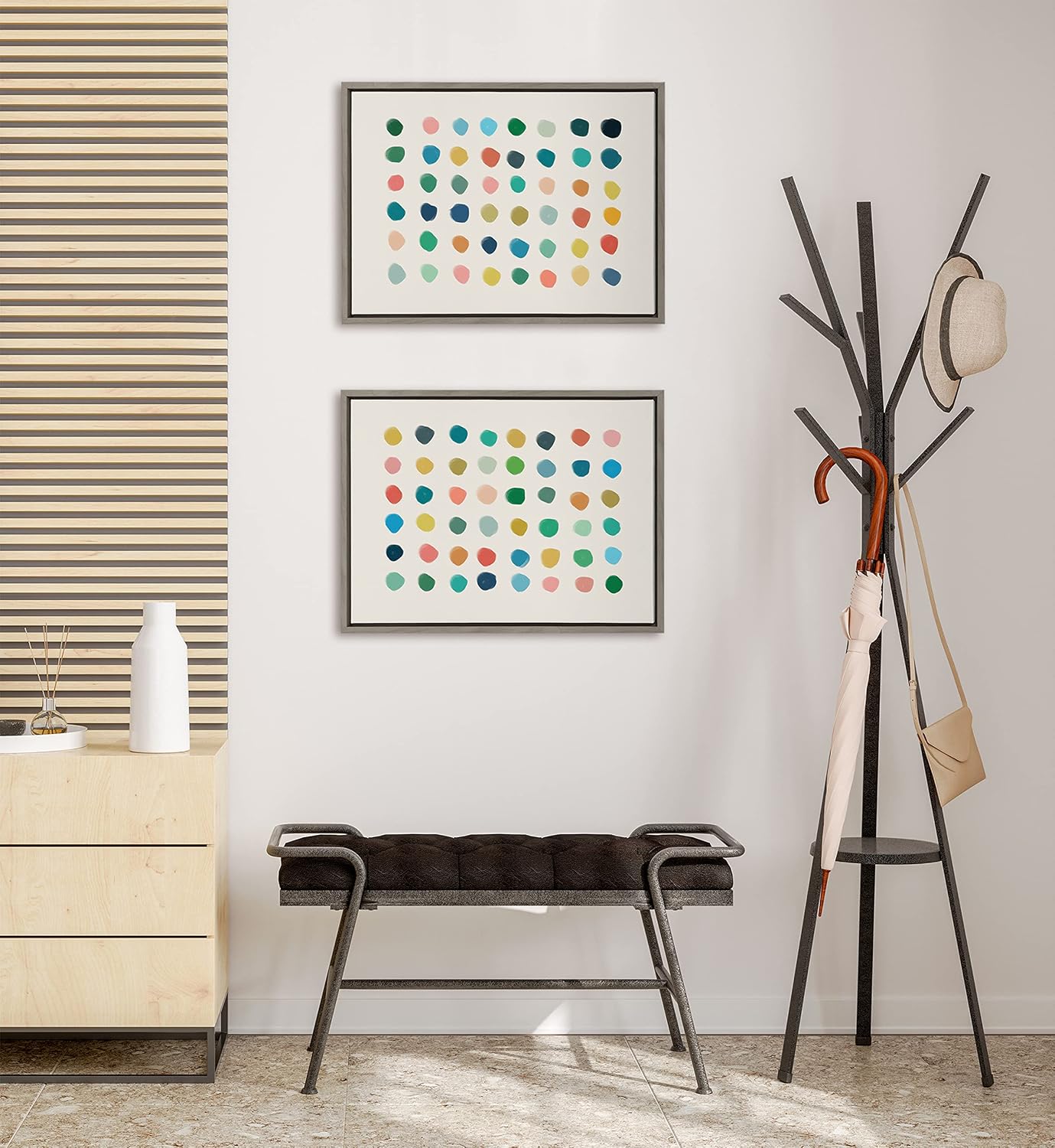 Kate and Laurel Sylvie Meditation 1 and 2 Framed Canvas Wall Art Set by Kelly Knaga; 2 Piece 18x24 Gray; Modern Abstract Colorful Polka Dot Art Set for Wall Home Decor