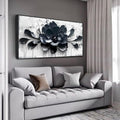 Flower Wall Art for Lving Room, Blue Black and White Canvas Wall Decor for Bedroom, Floral Picture Print Artwork for Office, Size 59 x 29 Inches Framed