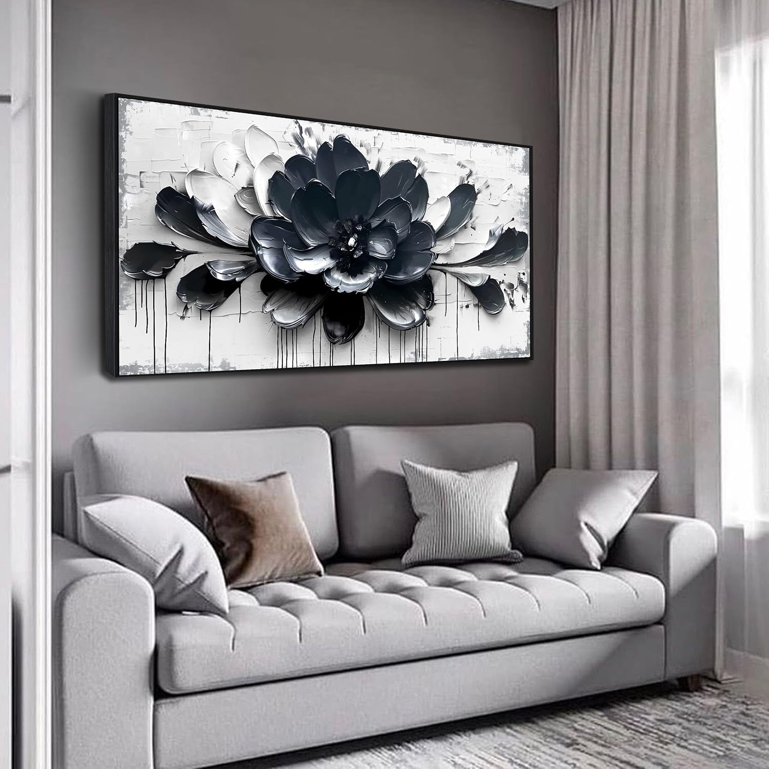 Flower Wall Art for Lving Room, Blue Black and White Canvas Wall Decor for Bedroom, Floral Picture Print Artwork for Office, Size 59 x 29 Inches Framed