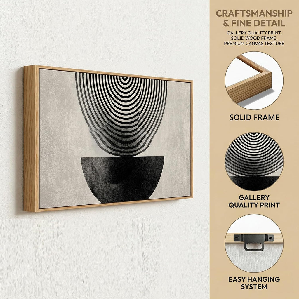 Abstract Geometric Wall Art, Black and White Concentric Circles Design, Modern Minimalist Neutral Framed Canvas Print Artwork Home Decor for Bedroom Living room 30 x 58 inch