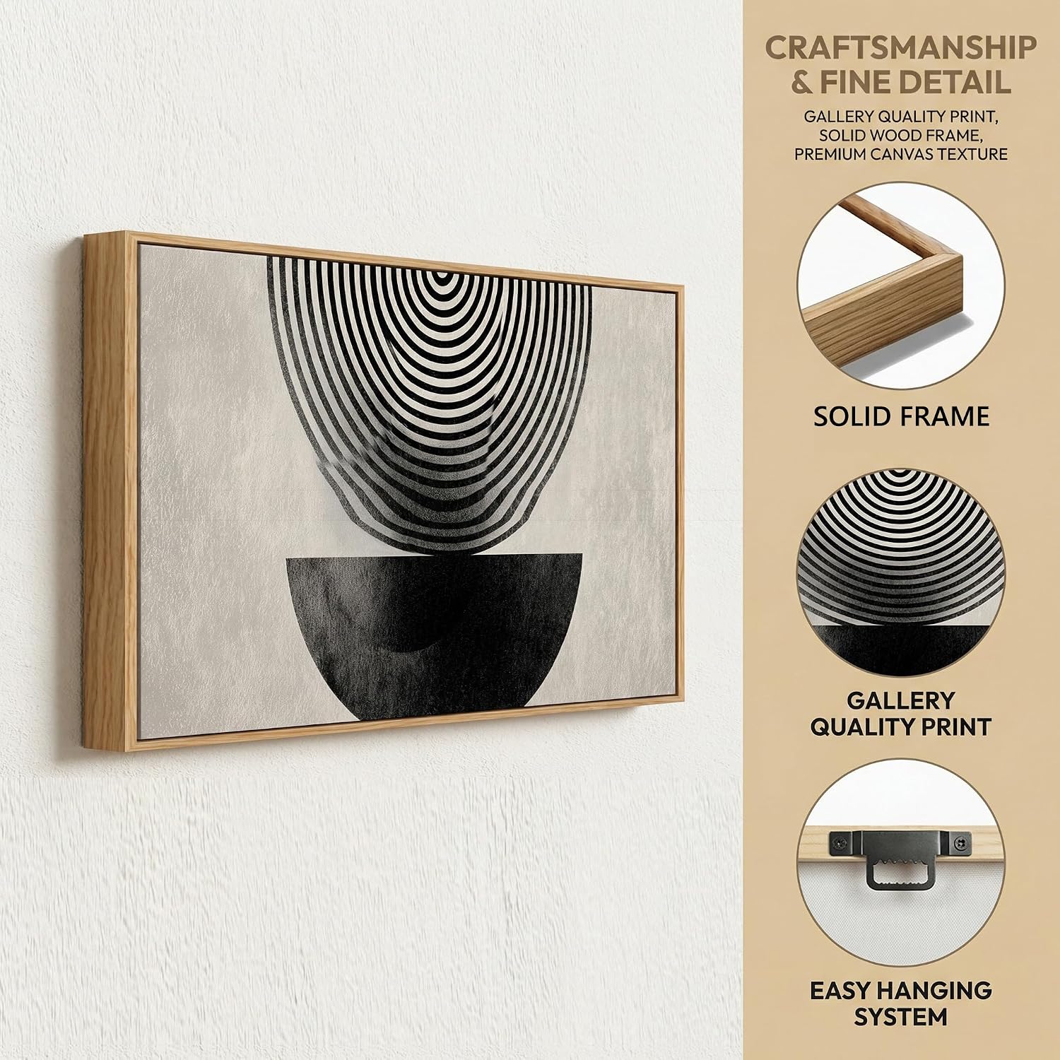 Abstract Geometric Wall Art, Black and White Concentric Circles Design, Modern Minimalist Neutral Framed Canvas Print Artwork Home Decor for Bedroom Living room 30 x 58 inch