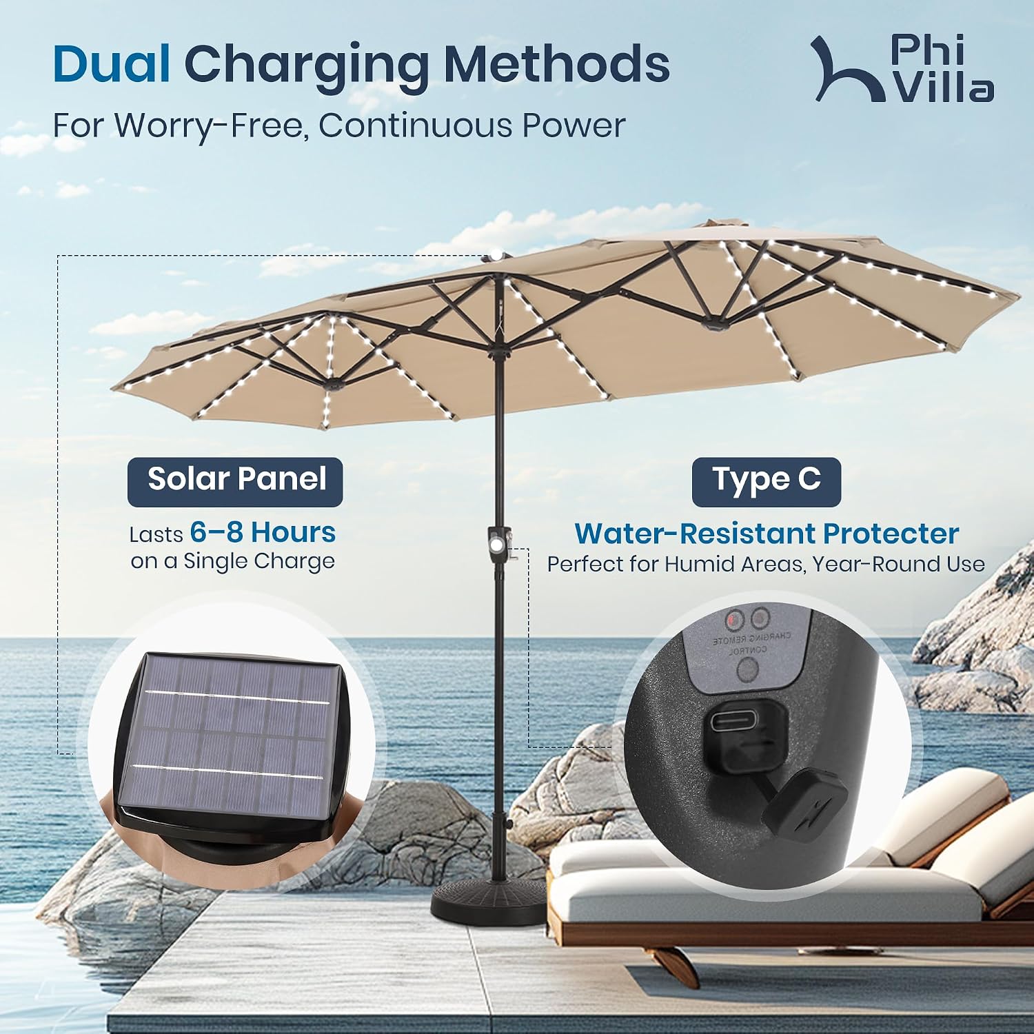 PHI VILLA 13ft Patio Umbrella with Solar-Powered 120 PCS LED Color-Changing Lights, Triple-Head Large Rectangle Umbrella Outdoor Patio for Table with Crank Lift,Beige(No Base)