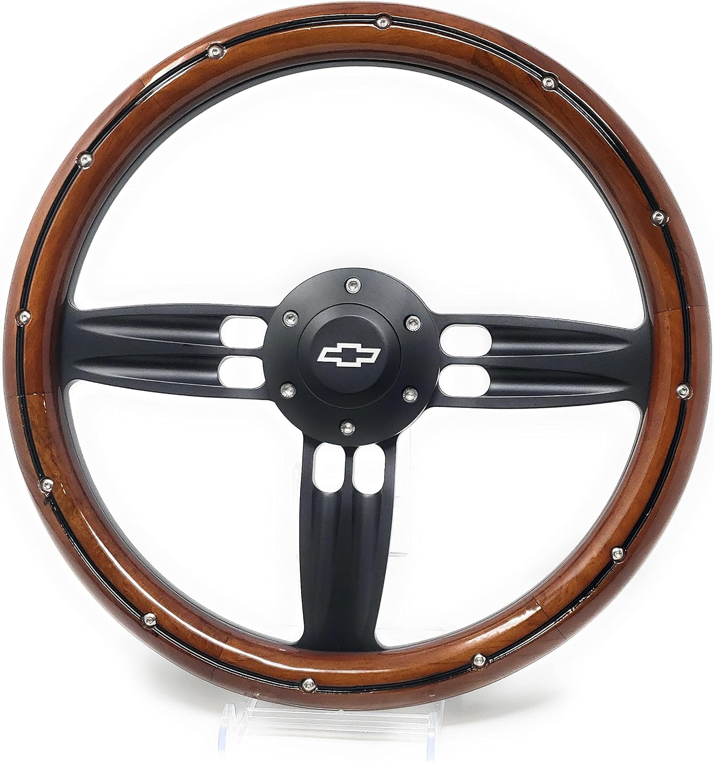 14' Inch Black & Wood with rivets Steering Wheel Bowtie Horn, 6 Hole
