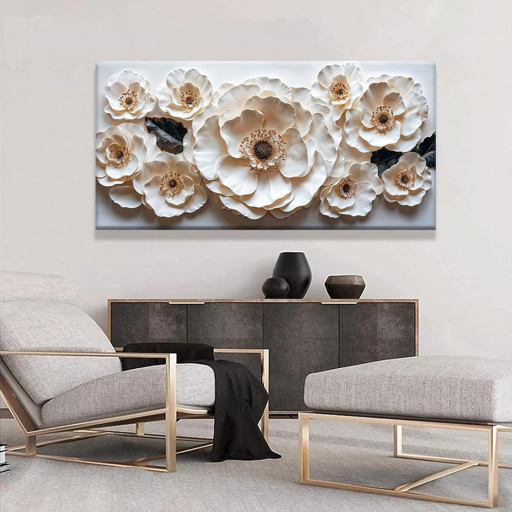 Large Wall Art For Living Room Floral White Wall Art Modern Canvas Art Wall Decor 29' X 58' Painting White Flower Wall Art Print Picture For Bedroom Home Office Decoration