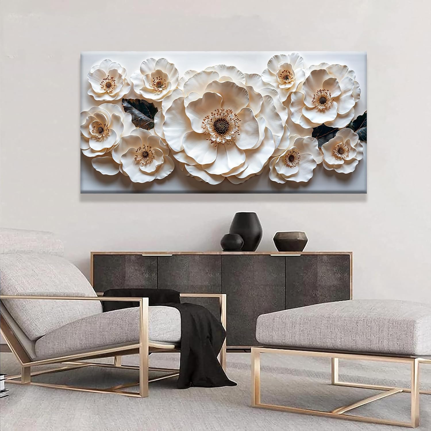 Large Wall Art For Living Room Floral White Wall Art Modern Canvas Art Wall Decor 29' X 58' Painting White Flower Wall Art Print Picture For Bedroom Home Office Decoration