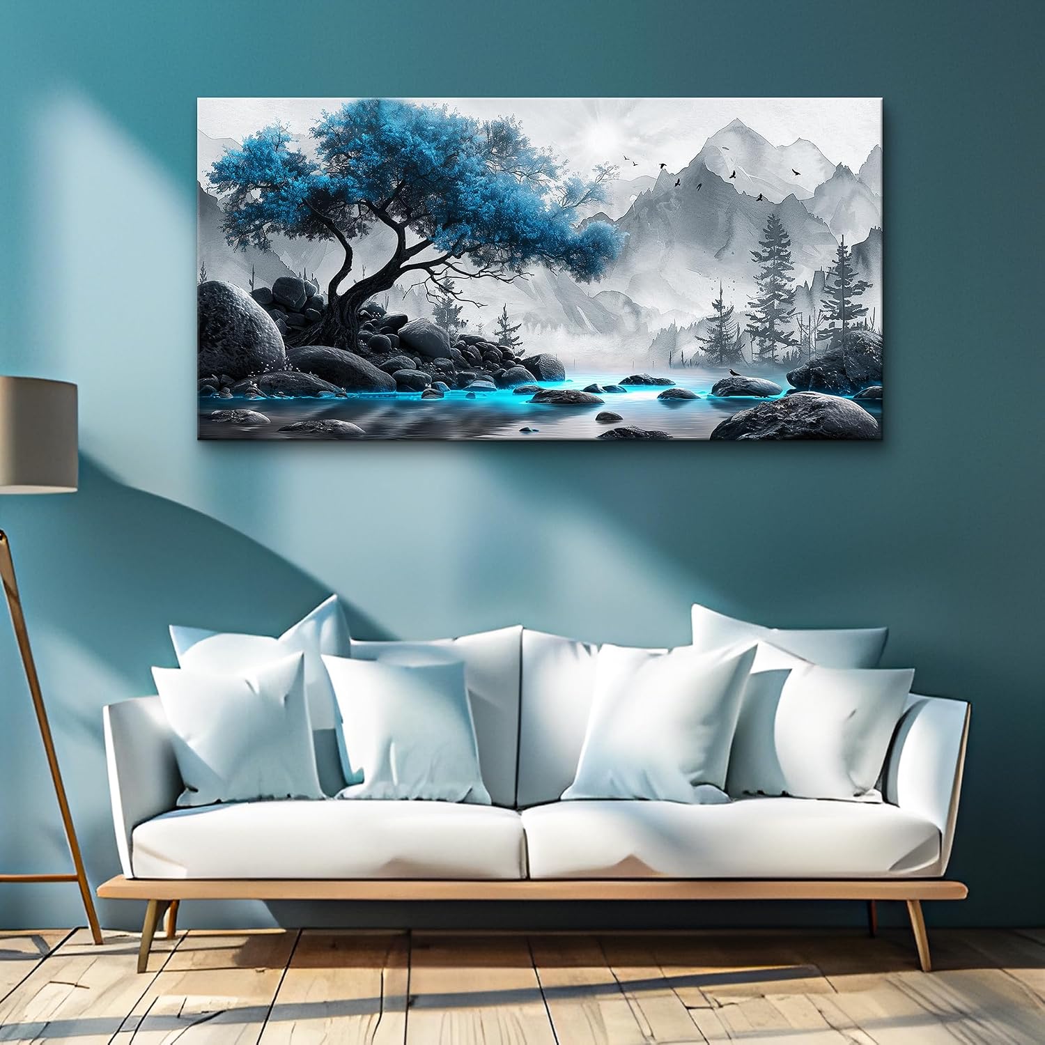 Lapremoly Large Canvas Wall Art For Living Room, Office, Bedroom - Black And White Painting - Blue Tree Landscape - Hotel Artwork - Family Home Decor