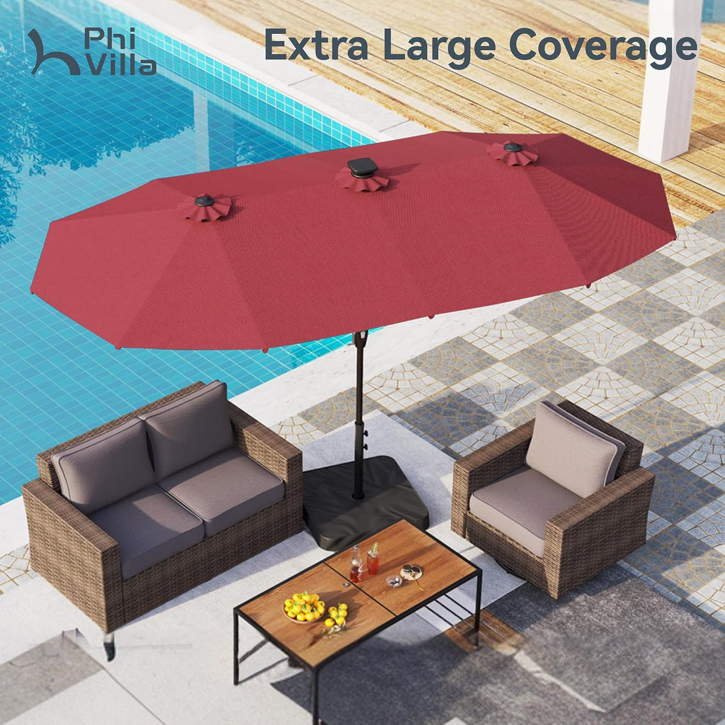 PHI VILLA 13ft Patio Umbrella with Solar-Powered 120 PCS LED Color-Changing Lights, Triple-Head Large Rectangle Umbrella Outdoor Patio for Table with Crank Lift,Dark Red(No Base)