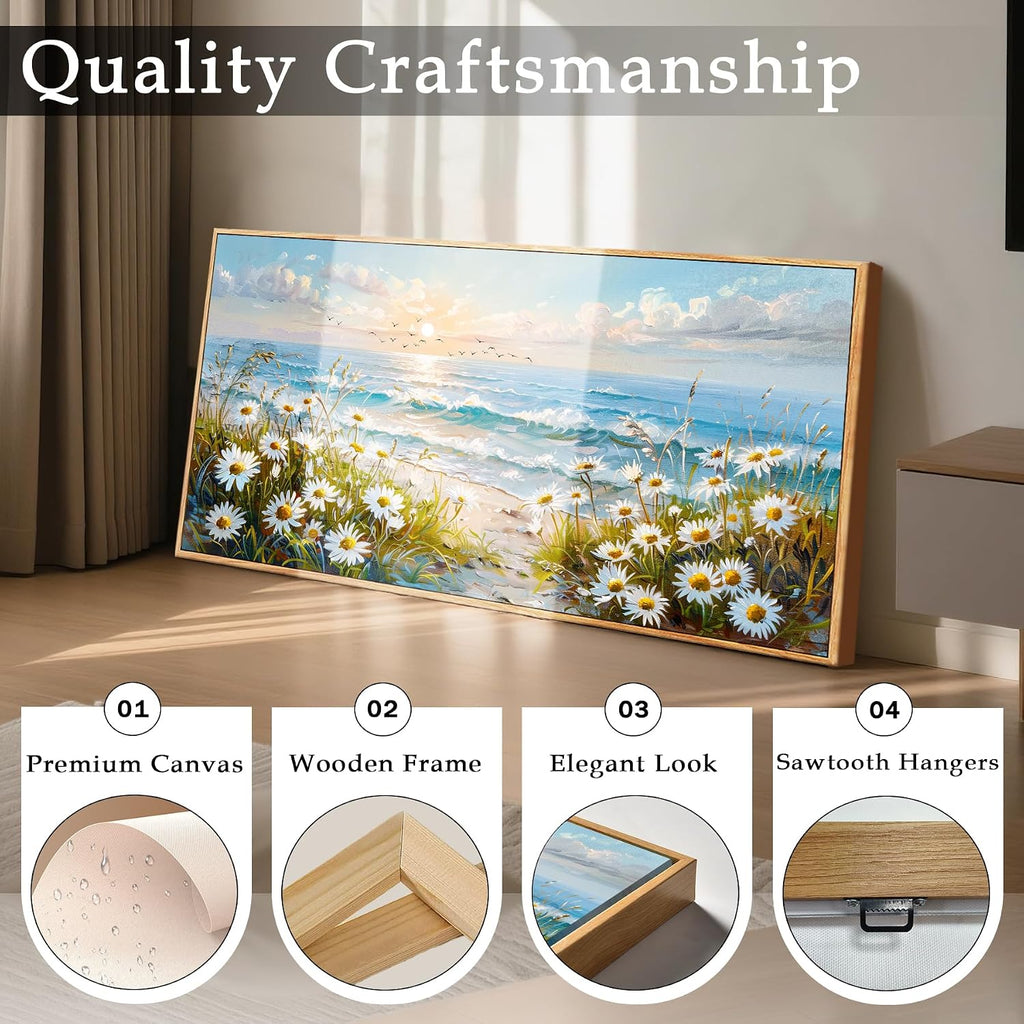 imjiayu Coastal Wall Art, Large Framed Wall Art, Beach Wall Decor, Rustic Sunset Landscape Picture Prints, Seaside Wildflowers Paintings Wall Decor Living Room Bedroom Beachy House Decorations 24'x48'