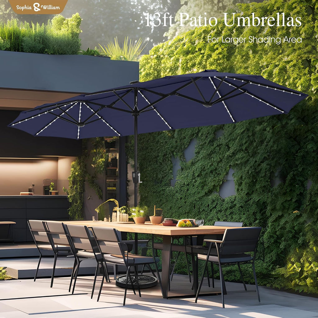 Sophia & William 13ft Outdoor Patio Umbrella with Solar Lights, Large Double-sided Umbrella with LED Lights, Perfect for Garden, Deck, Pool, Navy Blue