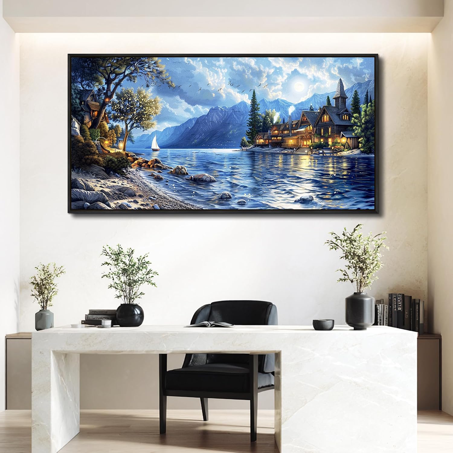 XIGUANGART Coastal Wall Art Blue Ocean Picture Mountain Wall Decor Lake Beside Countryside Large Canvas Print Art for Living Room Bedroom Home Office Forest Scenery Painting Decoration Framed Artwork