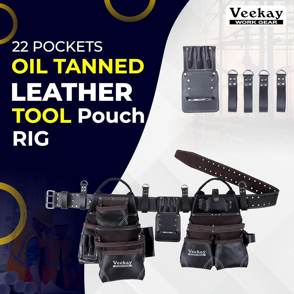 VEEKAY Men's Leather work Belt Oil Tanned Heavy Duty 3 Inch Wide Tool Belt with Rig 22 Pocket Tool pouch bag Brown for Carpenter, Construction, Framers, Handyman, Electrician Fits for 30' to 56' Waist