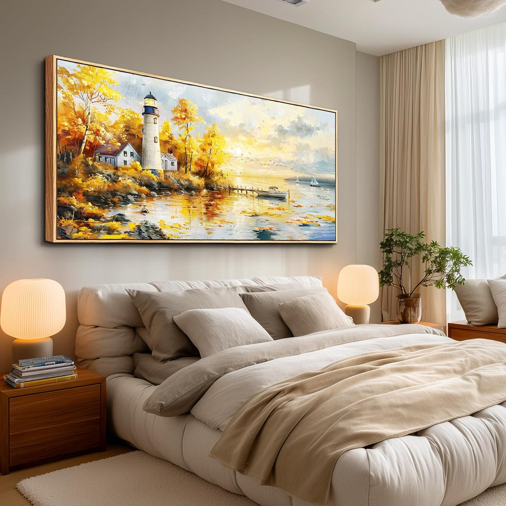 XIGUANGART Extra Large Wall Art for Living Room Modern Framed Coastal Beachy Canvas Wall Art Big Floral Sunrise Yellow Wall Picture Lighthouse Nature Sunset Artwork for Office Bedroom Decor 32x72 In
