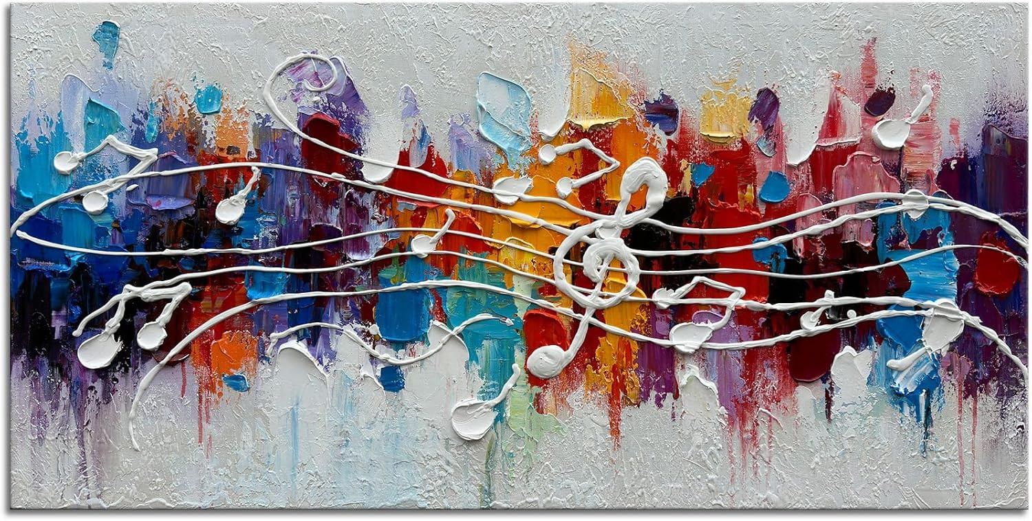 zoinart Colorful Music Symbol Oil Painting on Canvas, Abstract Art Thick Paint Texture Painting, Creative Pattern Wall Art, Modern Minimalist Living Room Deco