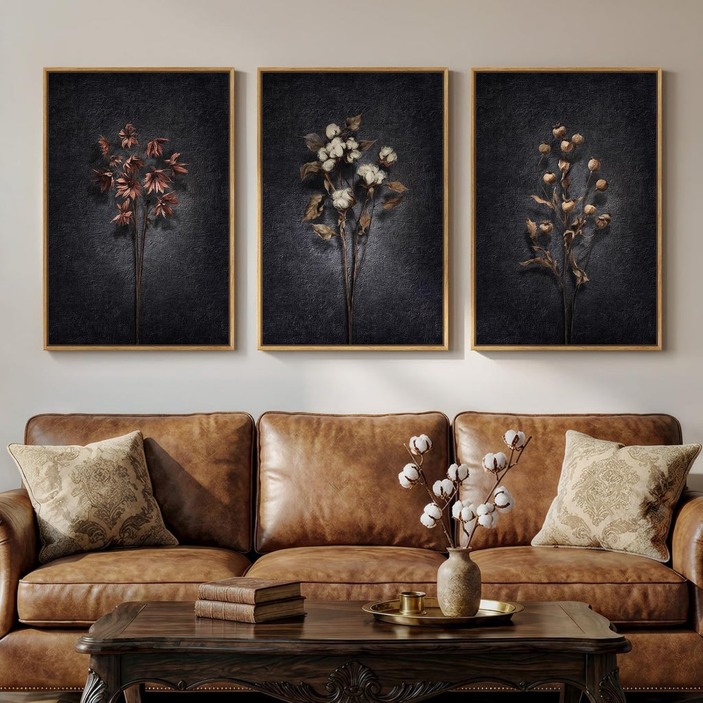 3 Piece Framed Vintage Botanical Wall Art for Living Room, Large Black Retro Floral Canvas Artwork for Walls, Dark Moody Flower Picture Prints Paintings for Kitchen Hallway Wall Decor, 24x36 Inch